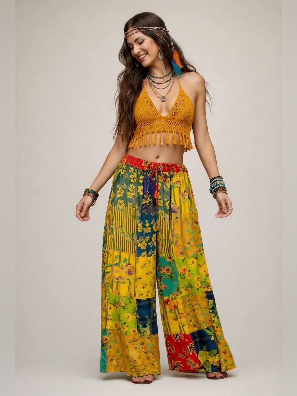 The Collection Royal Rayon Floral Patches Palazzo Pants Boho Hippie Casual NWT
